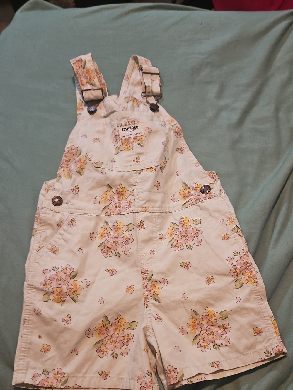OshKosh B'gosh Cream Floral Short Overalls with Pink & Yellow Flowers - Size 5T